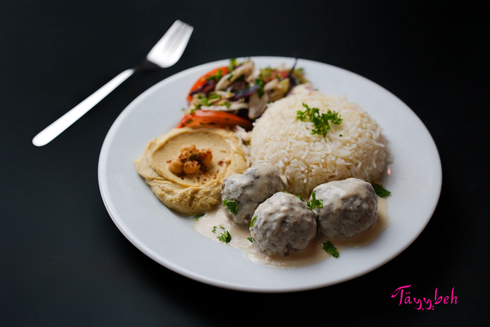 Tayybeh's Beef Kebab in Tahini Sauce Meal, featuring basmati rice, beef kebabs drizzled with tahini sauce, hummus, a vegetable salad, and served on a dark background with a fork nearby.