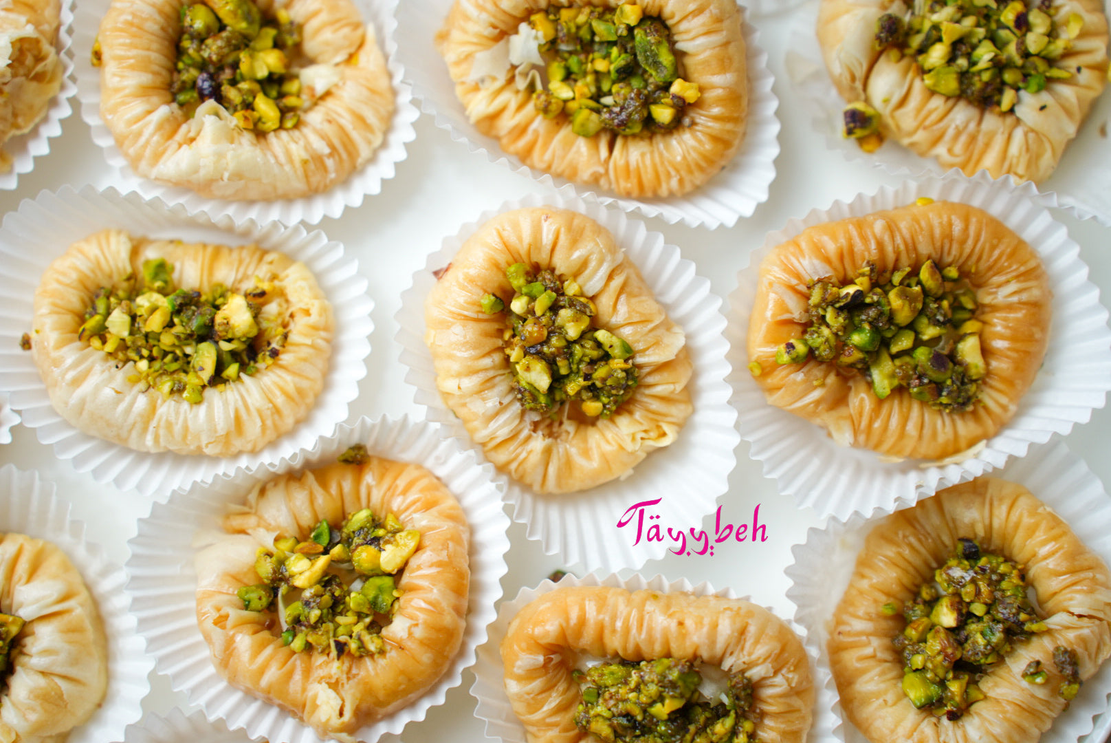 Close-up of Swaret el Set – The Lady’s Bracelet pastries by Tayybeh, drizzled with sweet syrup and topped with chopped pistachios, all elegantly arranged in paper cups on a white surface.