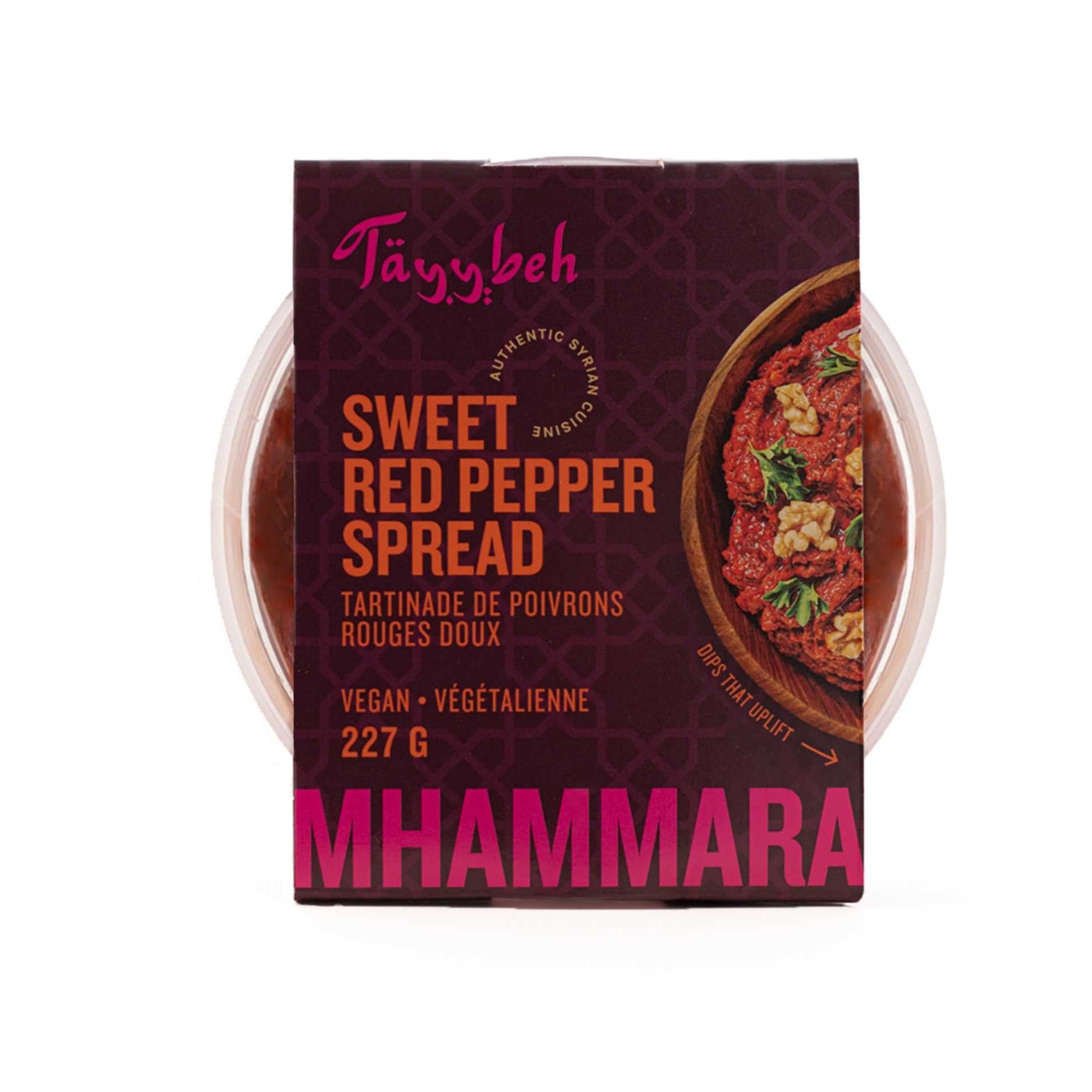 Container of Tayybeh Mhammara, a 227g sweet red pepper spread with walnuts, labeled as vegan and gluten-free. The packaging design prominently displays the product name in bold.