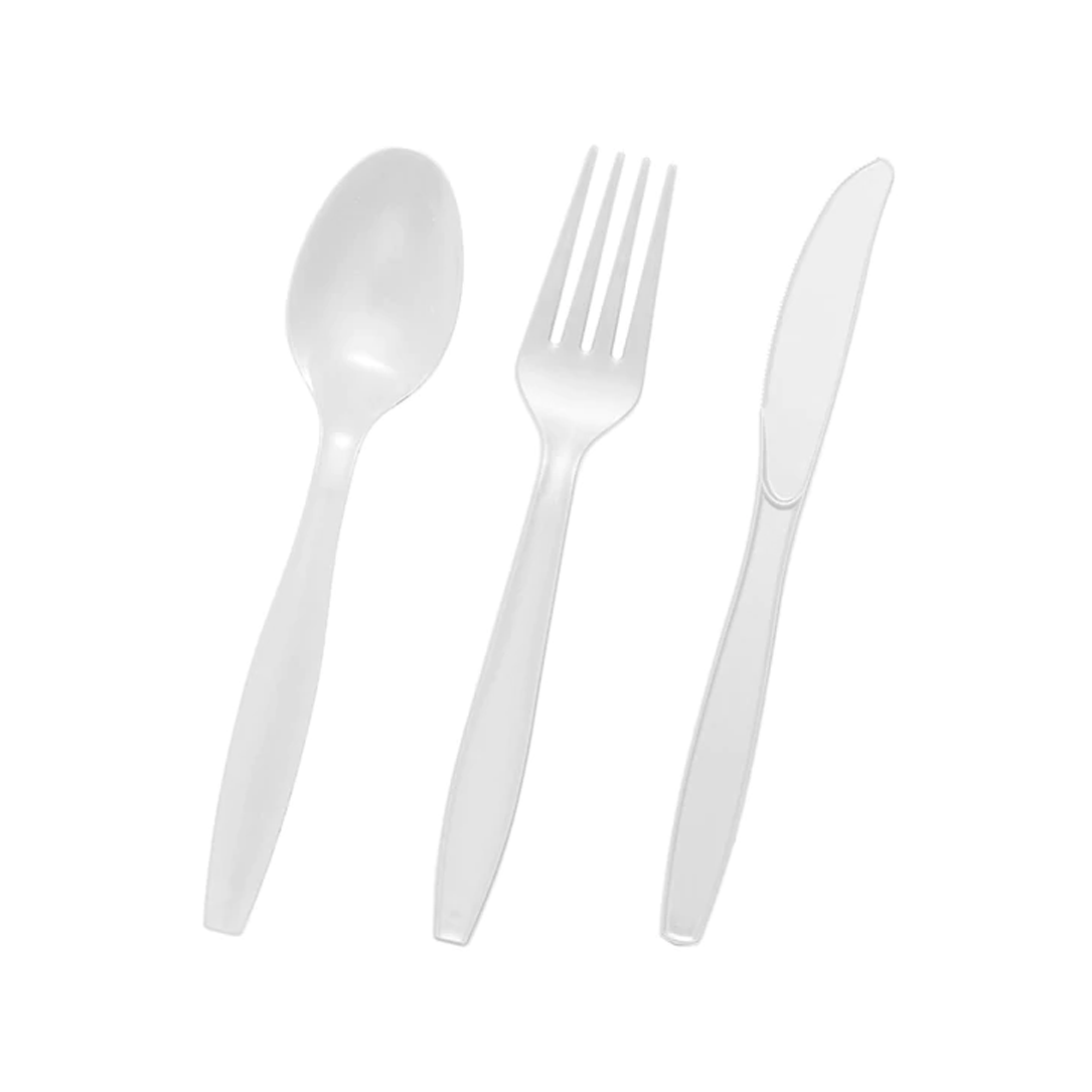 A set of wrapin clear plastic cutlery, including a spoon, fork, and knife, is thoughtfully arranged side by side on a pristine white background. Each piece embodies simplicity for just 50 cents.