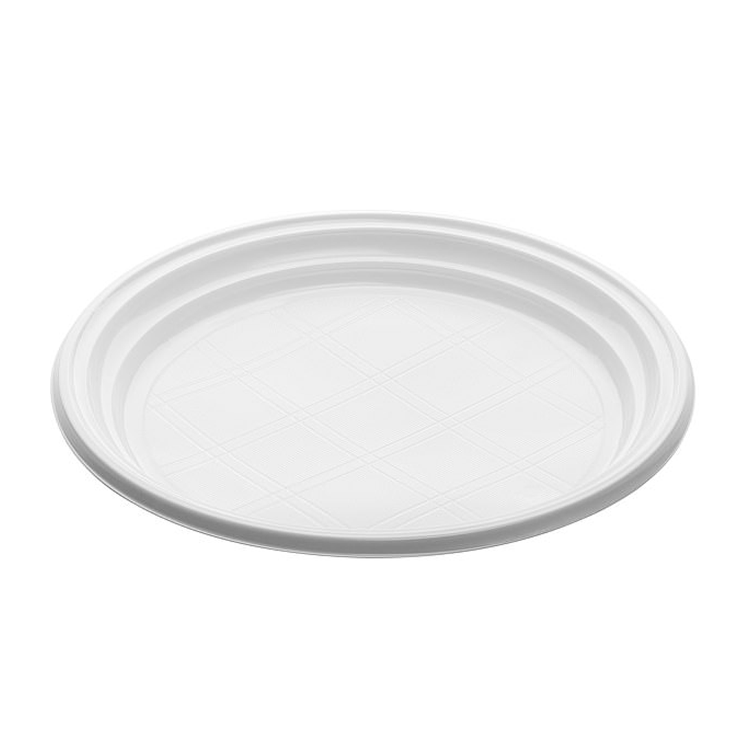 A top-view of the white disposable plastic plate, featuring a textured rim and grid pattern in the center from wrapin, serves as a sleek alternative to traditional paper plates.