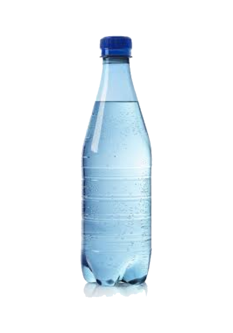 A Tayybeh sparkling water bottle, made of clear plastic and featuring a blue cap, filled with water.